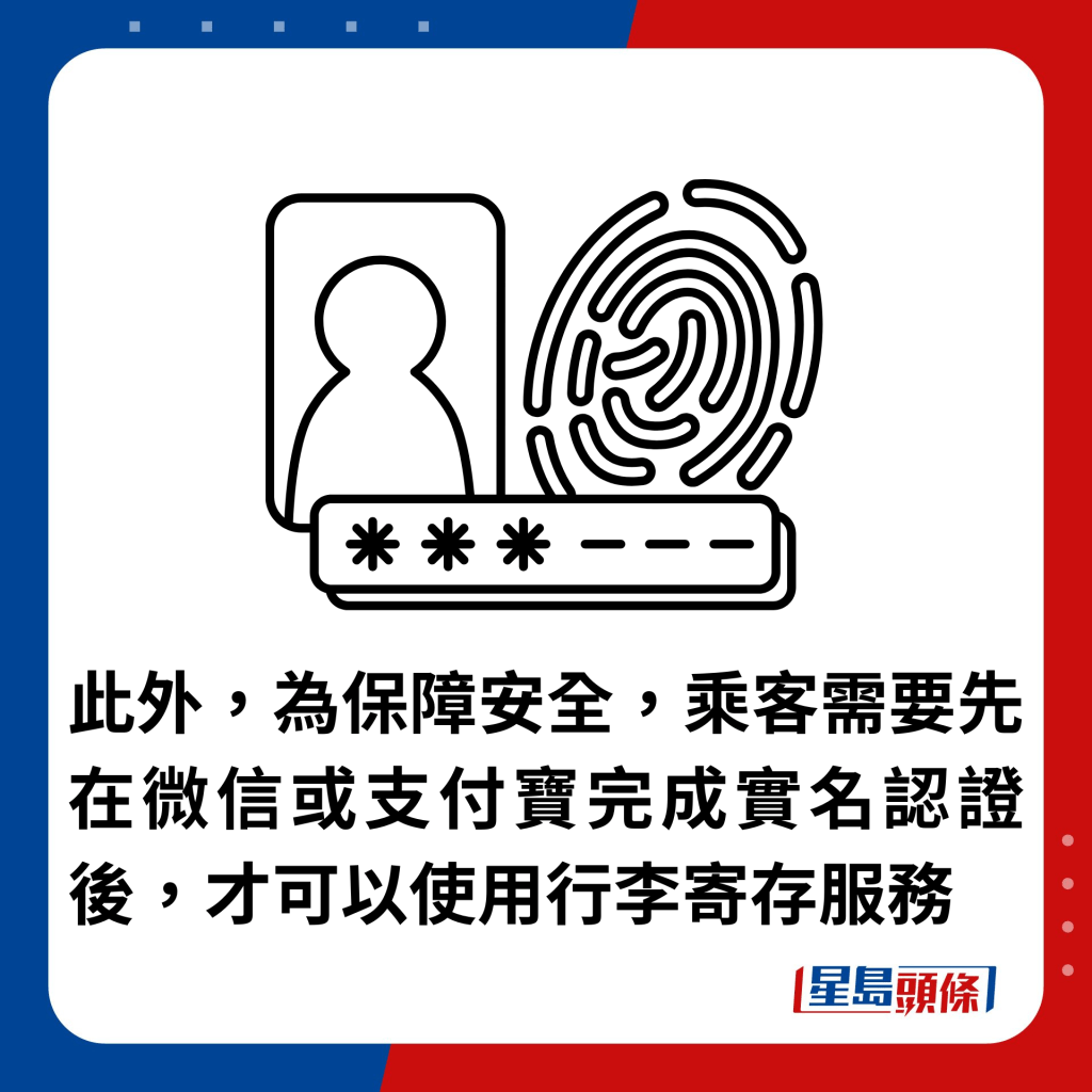 此外，为保障安全，乘客需要先在微信或支付宝完成实名认证后，才可以使用行李寄存服务