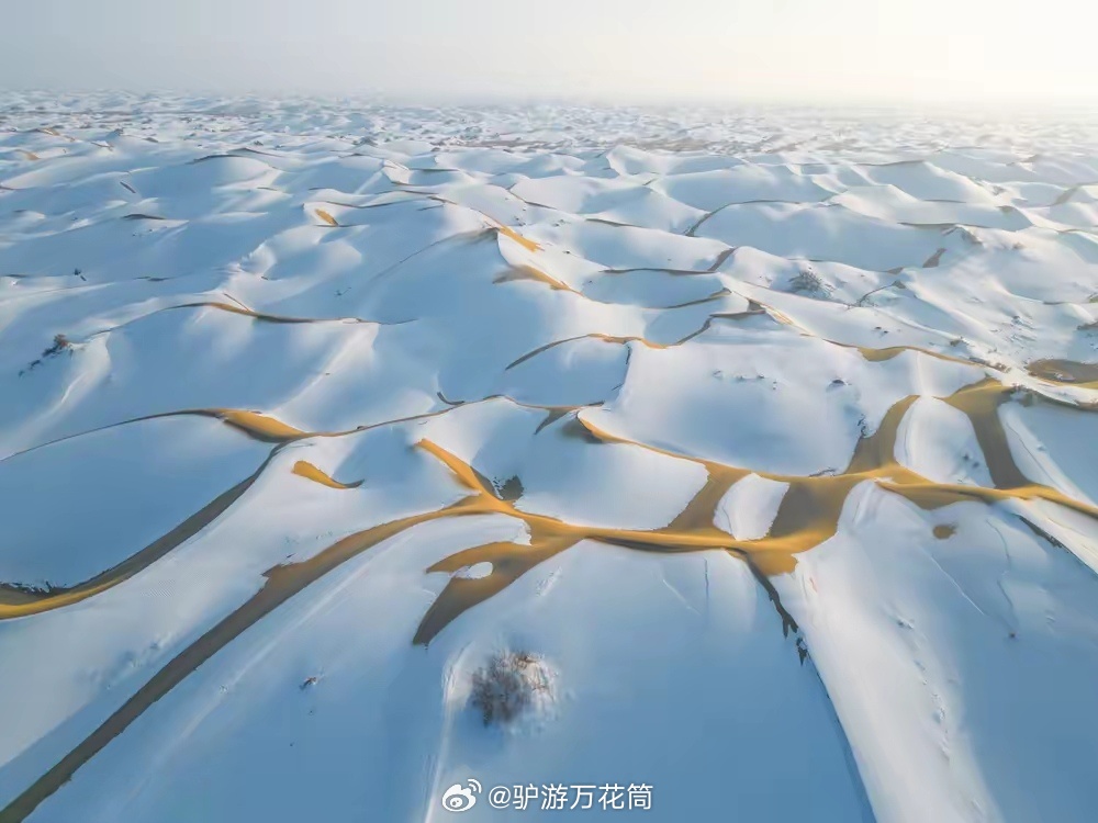 新疆塔克拉瑪干沙漠現「雪海」奇景。（微博）