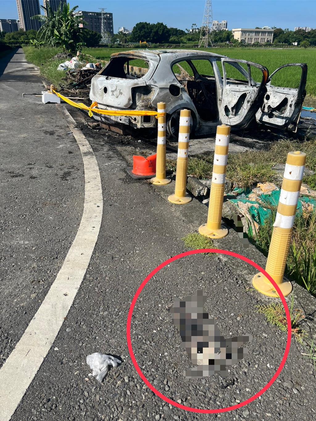 槍手犯案後即將作案車輛及槍枝燒毀滅證,手法專業。中時 槍手犯案後即將作案車輛及槍枝燒毀滅證,手法專業。中時