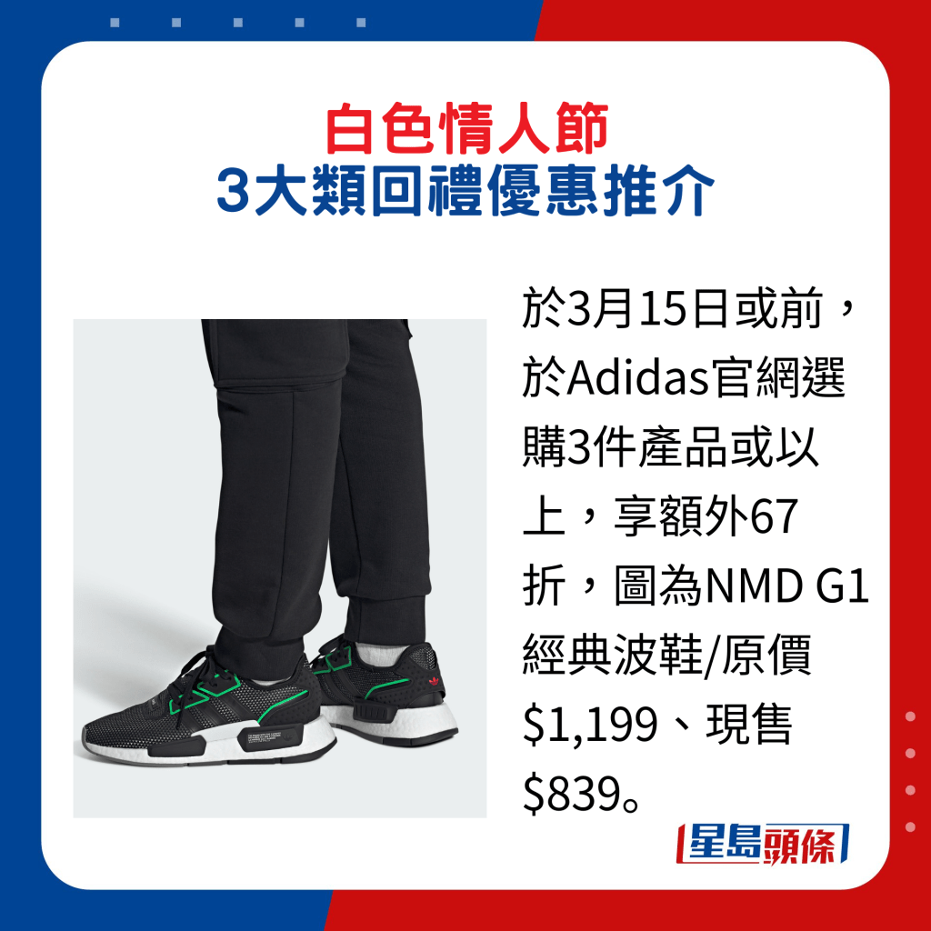 于3月15日或前，于Adidas官网选购3件产品或以上，享额外67折，图为NMD G1经典波鞋/原价$1,199、现售$839。