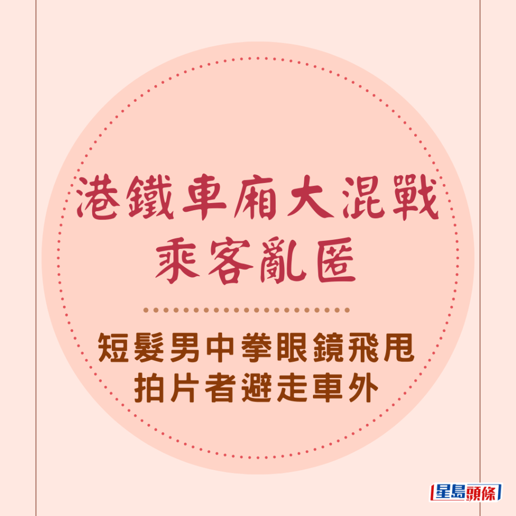 港鐵車廂大混戰乘客亂匿 短髮男中拳眼鏡飛甩 拍片者避走車外