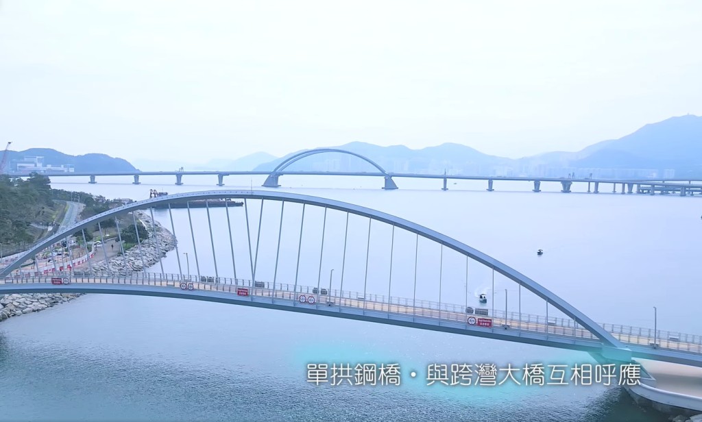 採用高強度鋼材建造的拱橋，形態纖巧優雅。發展局