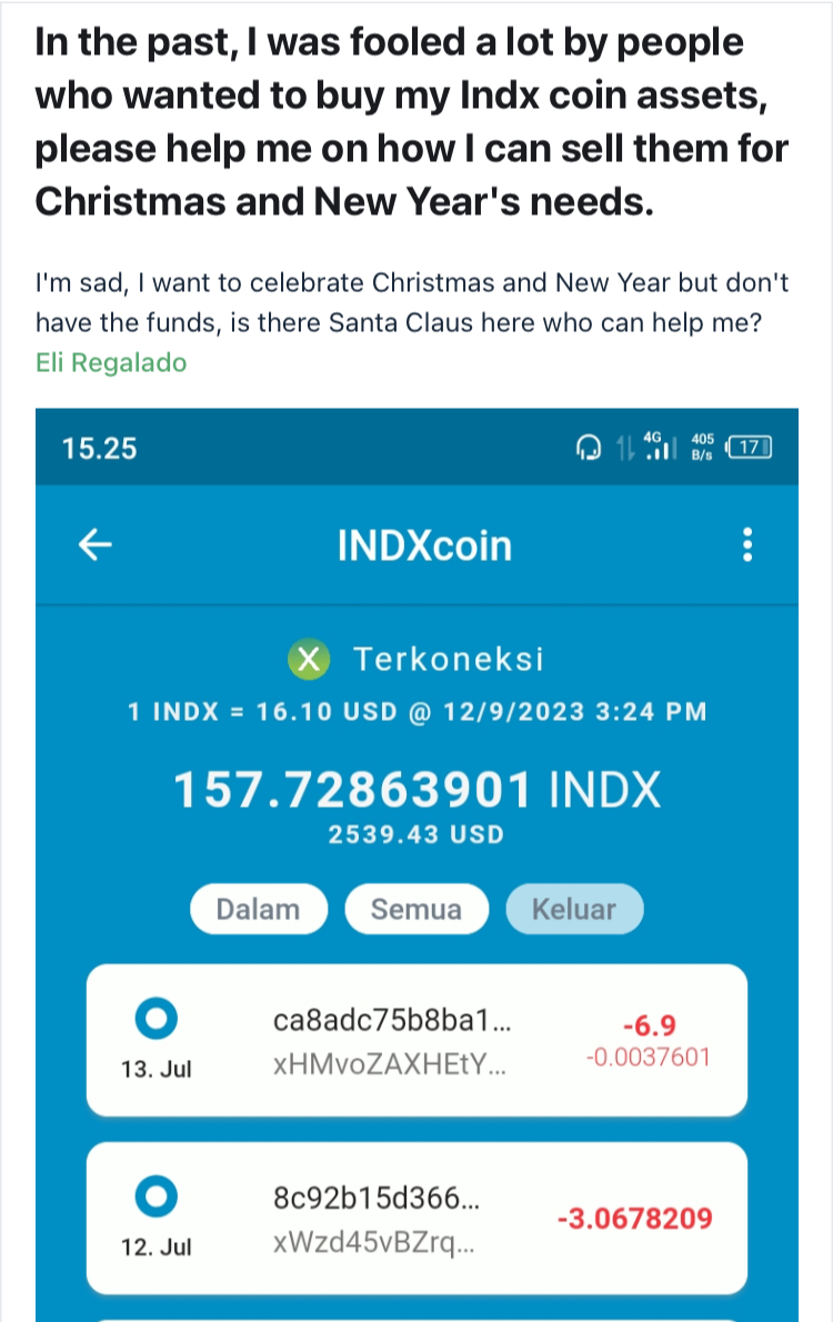 疑似苦主在INDXcoin官网社群贴图呻无钱过圣诞新年。
