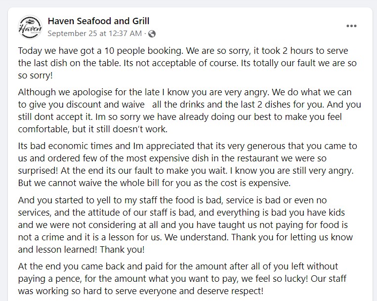 涉事餐廳「Haven Seafood and Grill」在本周日(25日)亦發帖講述事件細節。