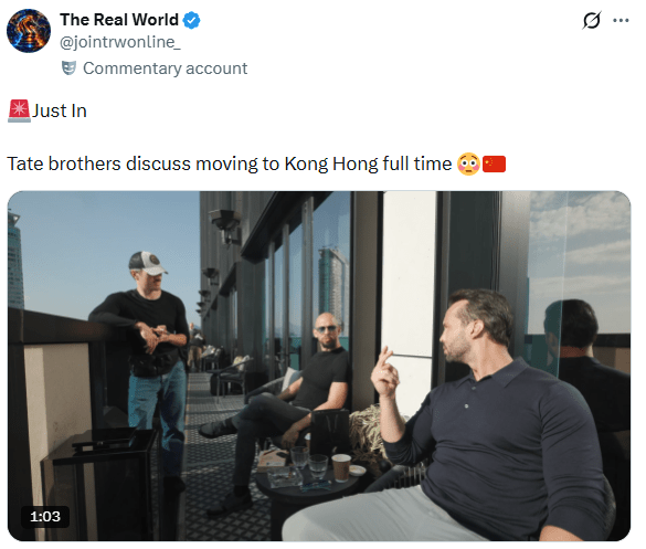 兩人在尖沙咀星級酒店房間露台上閒聊。X截圖