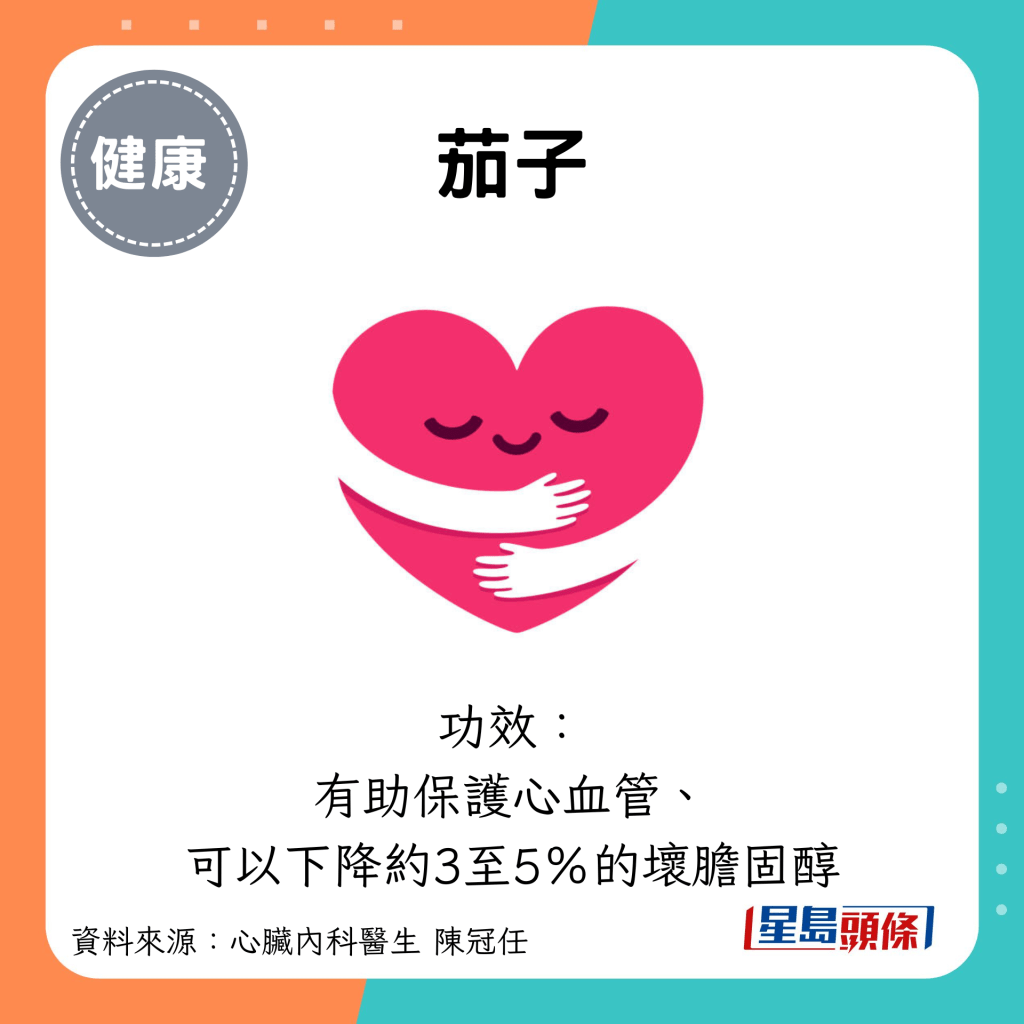 茄子：功效： 有助保護心血管、 可以下降約3至5％的壞膽固醇