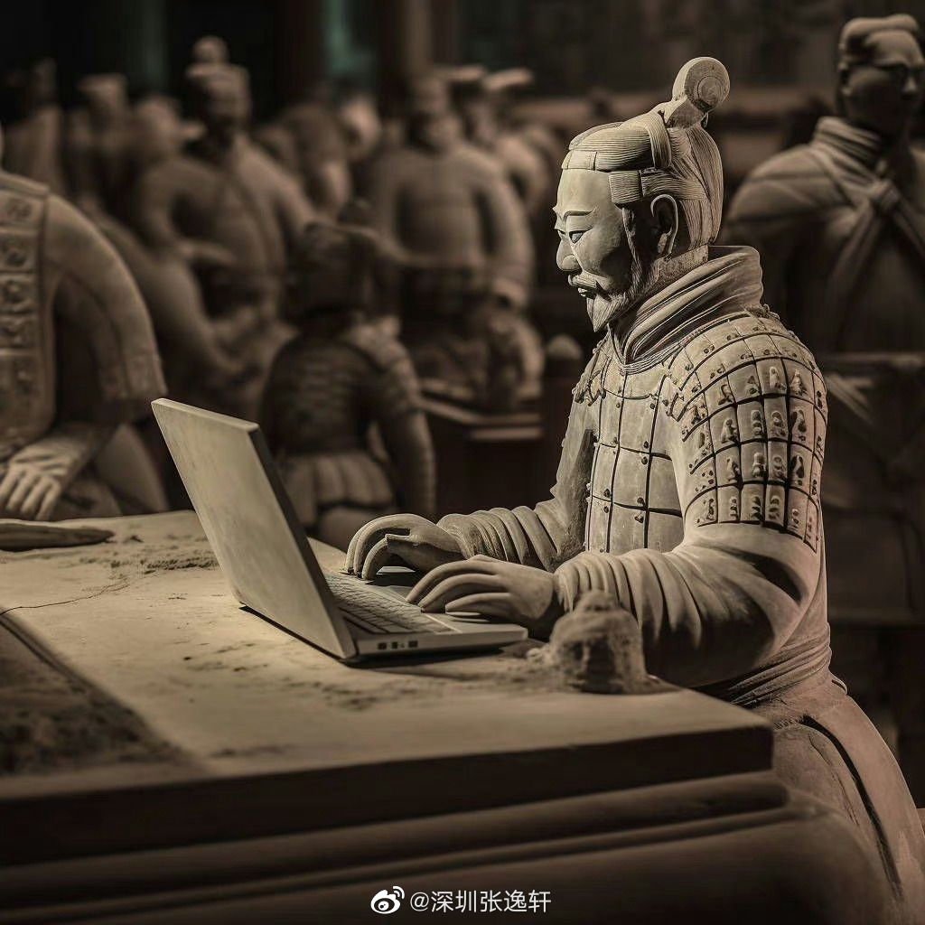 「兵马俑用手提电脑」图片创意十足。(互联网)