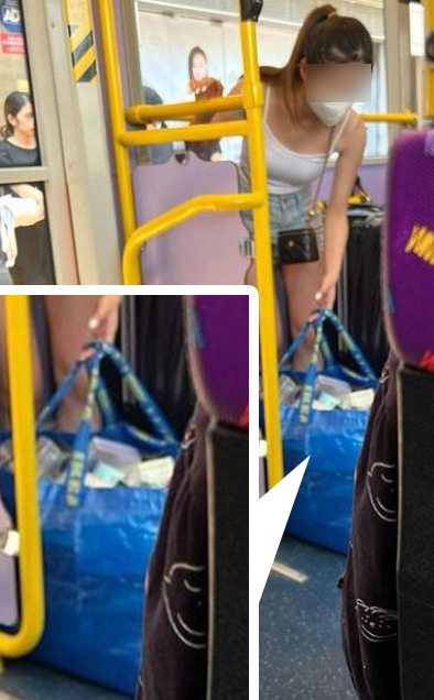 少女在巴士上整理大堆避孕套，購物袋放在地上。