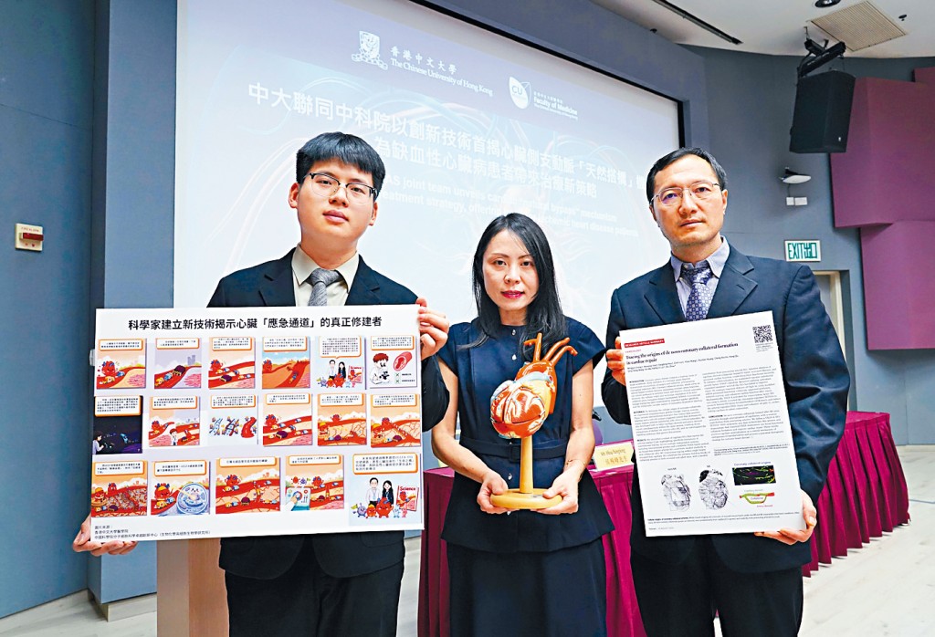 （左起）中大醫學院化學病理學系侯楊峰博士、中大心血管科學聯合實驗室周斌教授、中大醫學院化學病理學系呂愛蘭教授公布有關冠心病患者心臟具備「天然搭橋」功能的研究成果。