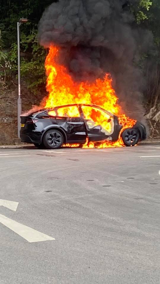 Tesla全車陷入火海。網上圖片 Tesla全車陷入火海。網上圖片