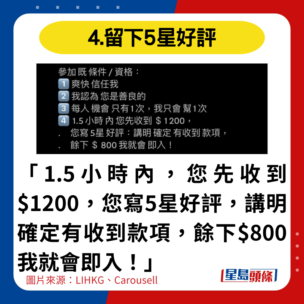 4.留下5星好評 「1.5小時內，您先收到$1,200，您寫5星好評，講明確定有收到款項，餘下$800我就會即入！」