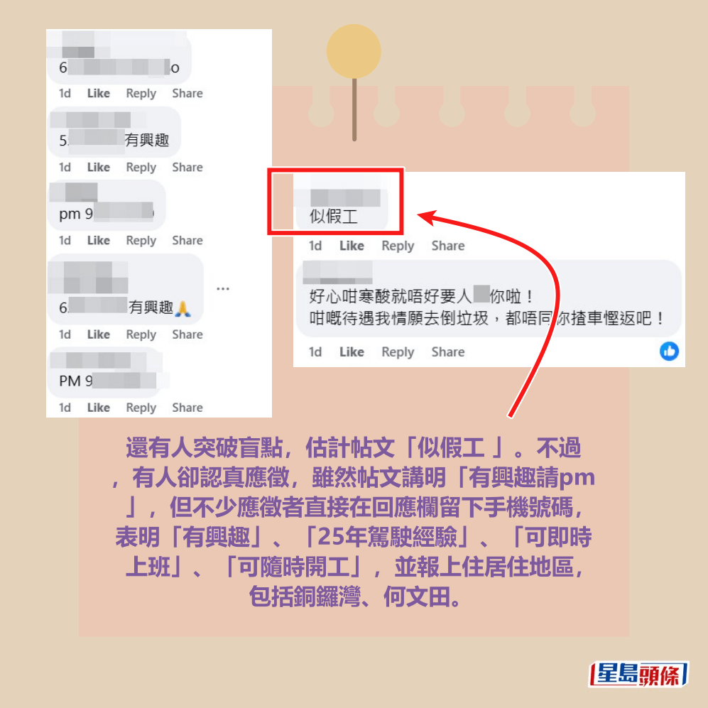 還有人突破盲點,估計帖文「似假工 」。不過,有人卻認真應徵,雖然帖文講明「有興趣請pm」,但不少應徵者直接在回應欄留下手機號碼,表明「有興趣」、「25年駕駛經驗」、「可即時上班」、「可隨時開工」,並報上住居住地區,包括銅鑼灣、何文田。fb「香港私人司機.公司司機.討論.招聘」截圖 還有人突破盲點,估計帖文「似假工 」。不過,有人卻認真應徵,雖然帖文講明「有興趣請pm」,但不少應徵者直接在回應欄留下手機號碼,表明「有興趣」、「25年駕駛經驗」、「可即時上班」、「可隨時開工」,並報上住居住地區,包括銅鑼灣、何文田。fb「香港私人司機.公司司機.討論.招聘」截圖