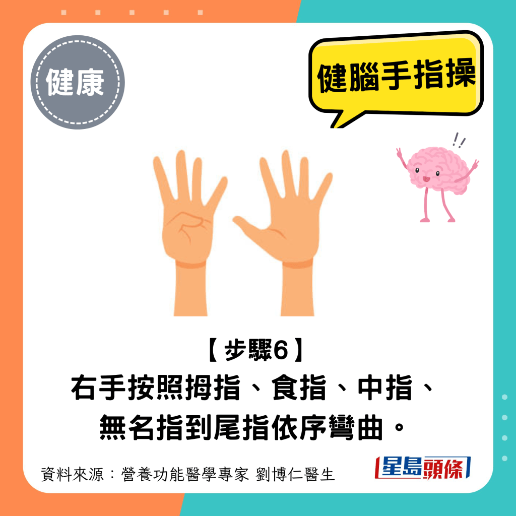 健腦手指操｜步驟6： 右手按照拇指、食指、中指、 無名指到尾指依序彎曲。