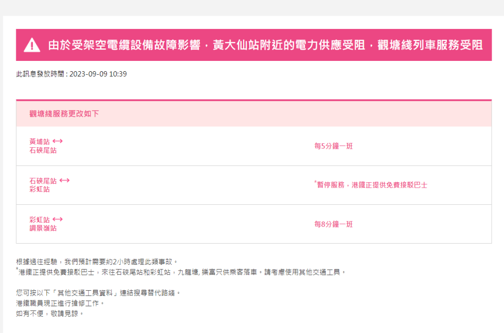 黃大仙站附近的電力供應受阻，來往石硤尾至彩虹站暫停服務。MTR網頁截圖