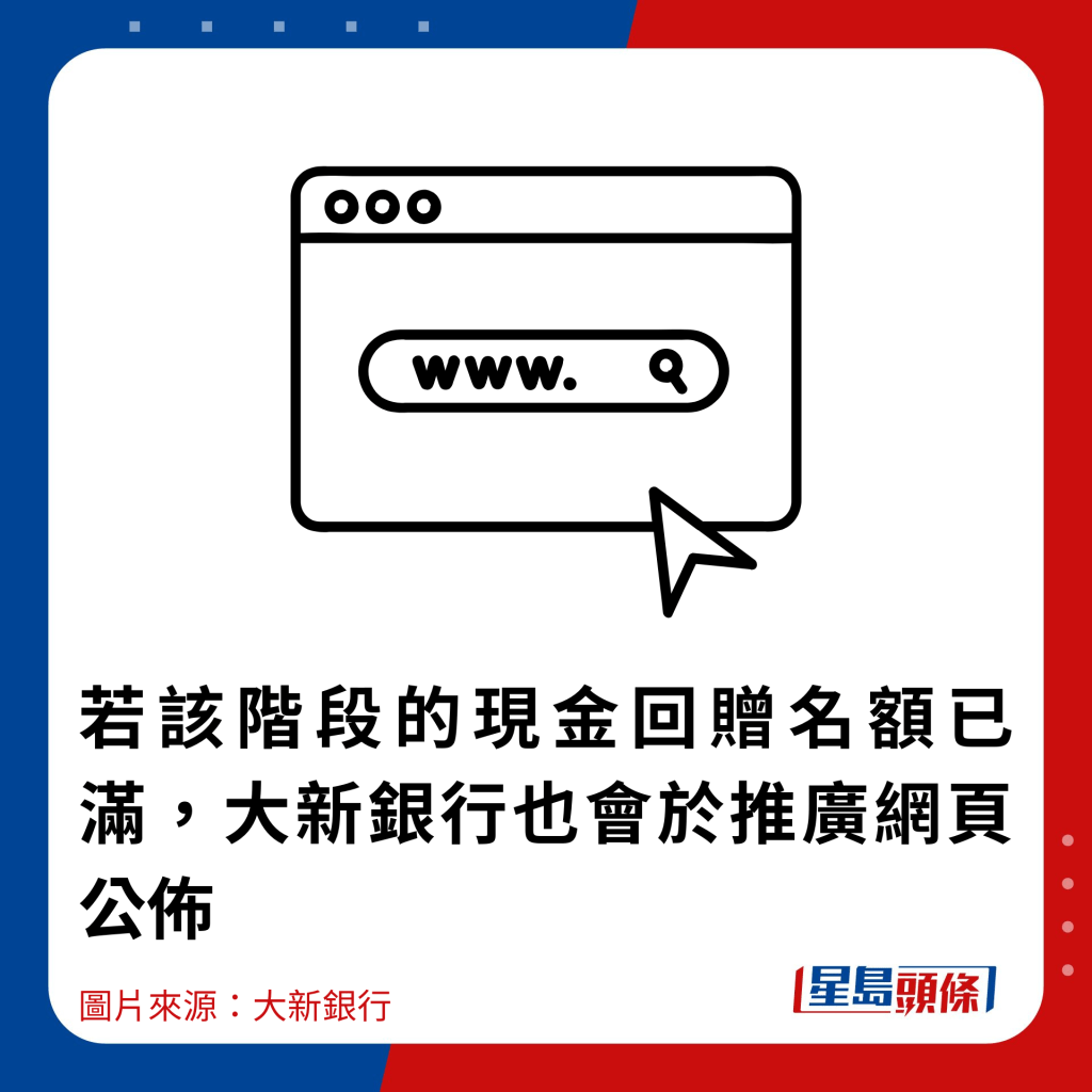 若該階段的現金回贈名額已滿，大新銀行也會於推廣網頁公佈