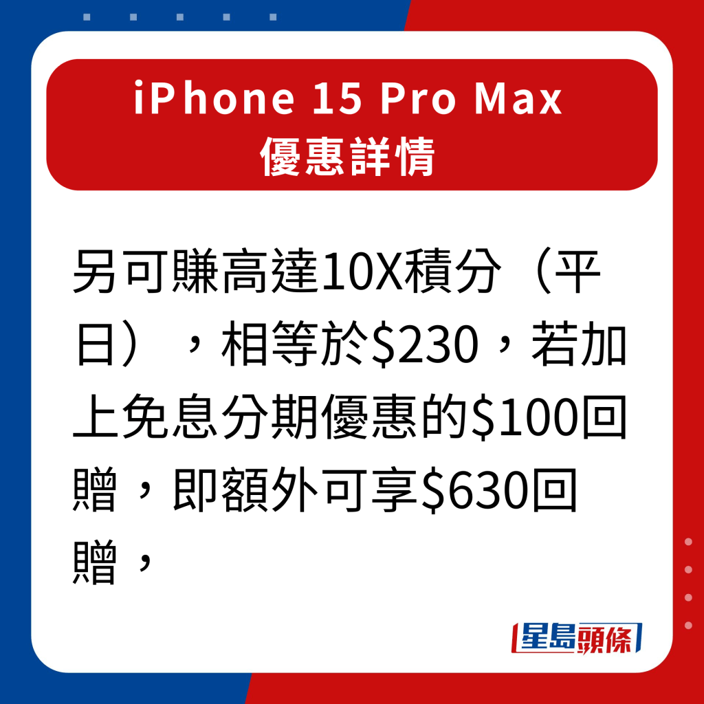 衛訊iPhone 15 Pro Max優惠詳情｜另可賺高達10X積分（平日），相等於$230，若加上免息分期優惠的$100回贈，即額外可享$630回贈