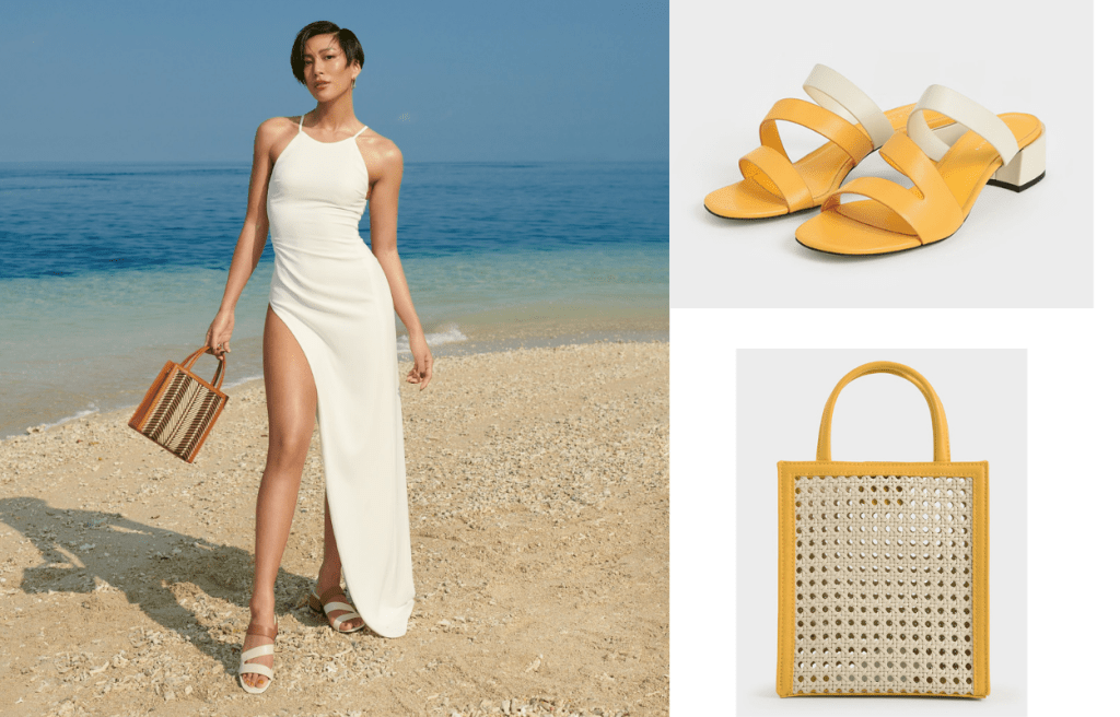 台灣時尚達人莫莉親身演繹有份參與設計的新系列，包括編織手提袋/$499、白色拼啡色搭帶涼鞋/$439。另備有黃拼白色版本/上/$439、下/$499。