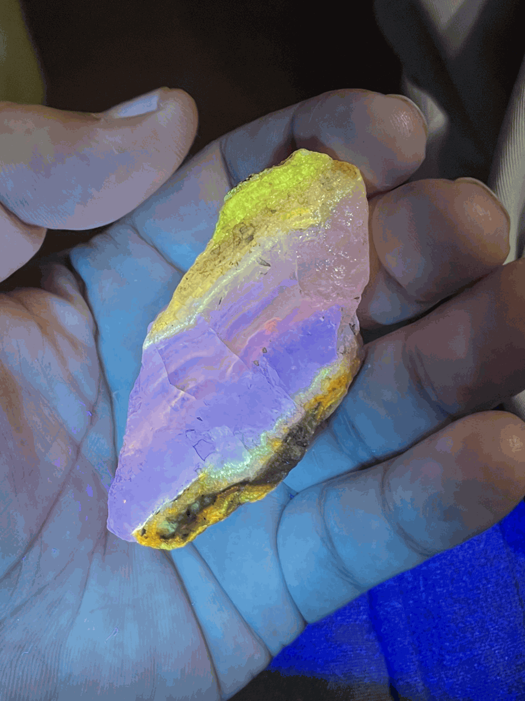 「北海道石」在紫外線照射下會發出絢麗耀眼的螢光。twitter@fluor_doublet