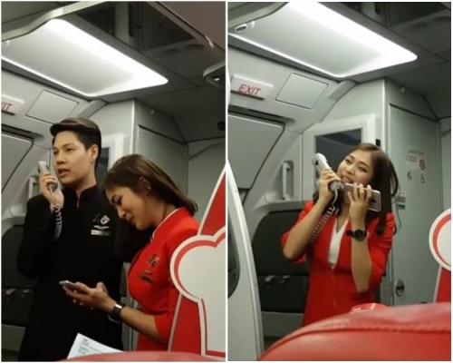 馬來西亞亞洲航空一航班延誤，一名空姐在機上高歌以安撫乘客。(網上圖片)