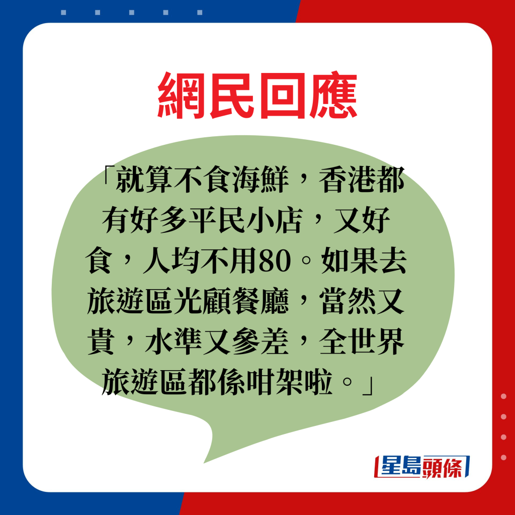 网民回应：就算不食海鲜，香港都有好多平民小店，又好食，人均不用80。如果去旅游区光顾餐厅，当然又贵，水准又参差，全世界旅游区都系咁架啦。