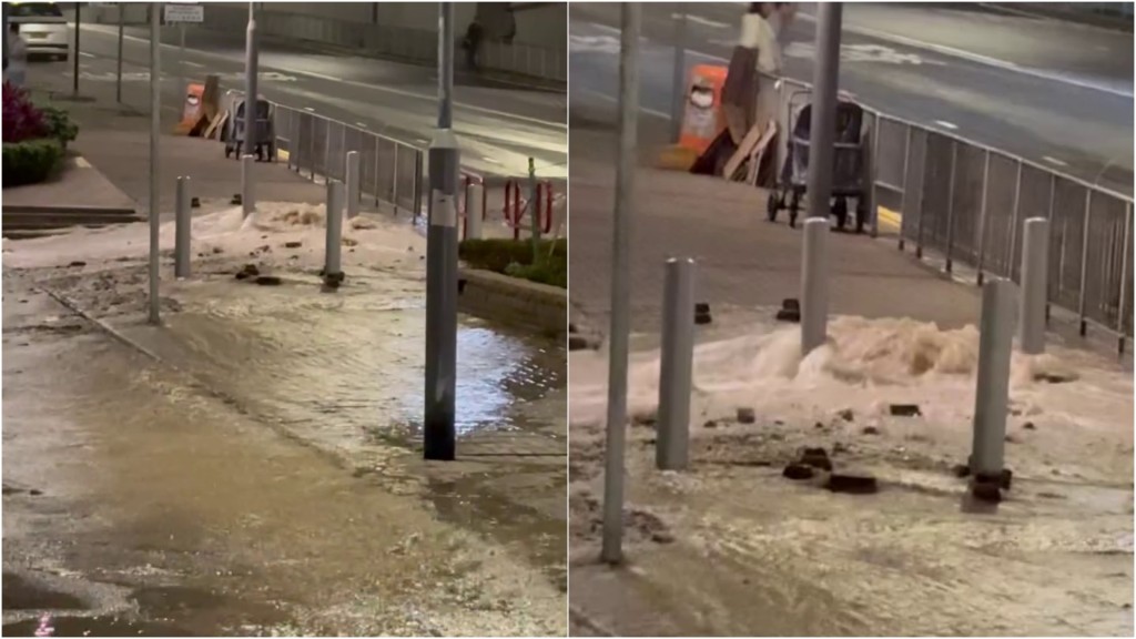 調景嶺站外爆鹹水管 黃泥水如激流瀉下 水務署趕至處理