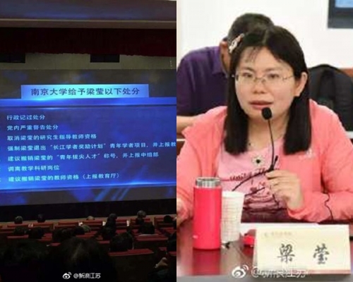 网上流传的图片显示南京大学决定对梁莹作出7项处分。网图