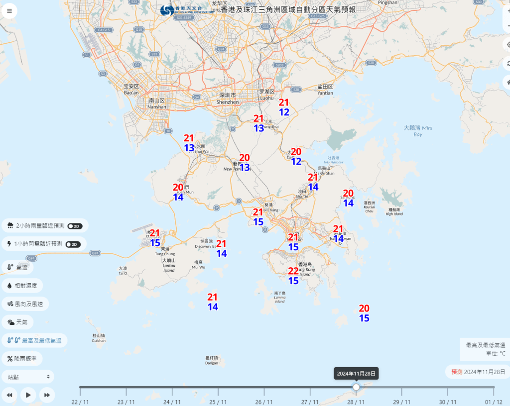 根據天文台的自動分區氣海，28日當日多區錄得只有13度。天文台網頁截圖