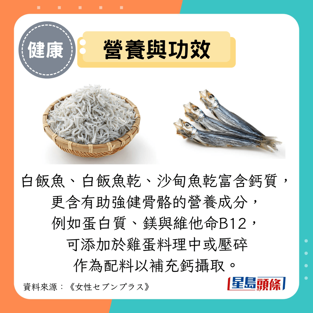 营养与功效：白饭鱼、白饭鱼干、沙甸鱼干富含钙质， 更含有助强健骨骼的营养成分， 例如蛋白质、镁与维他命B12， 可添加于鸡蛋料理中或压碎 作为配料以补充钙摄取。