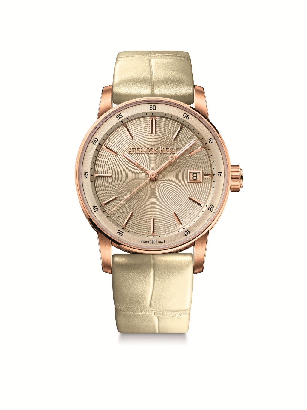 愛彼CODE 11.59系列自動上鏈腕錶（象牙白色），38毫米18K玫瑰金表殼，搭載5900自動上鏈機芯，售價HK$257,000。