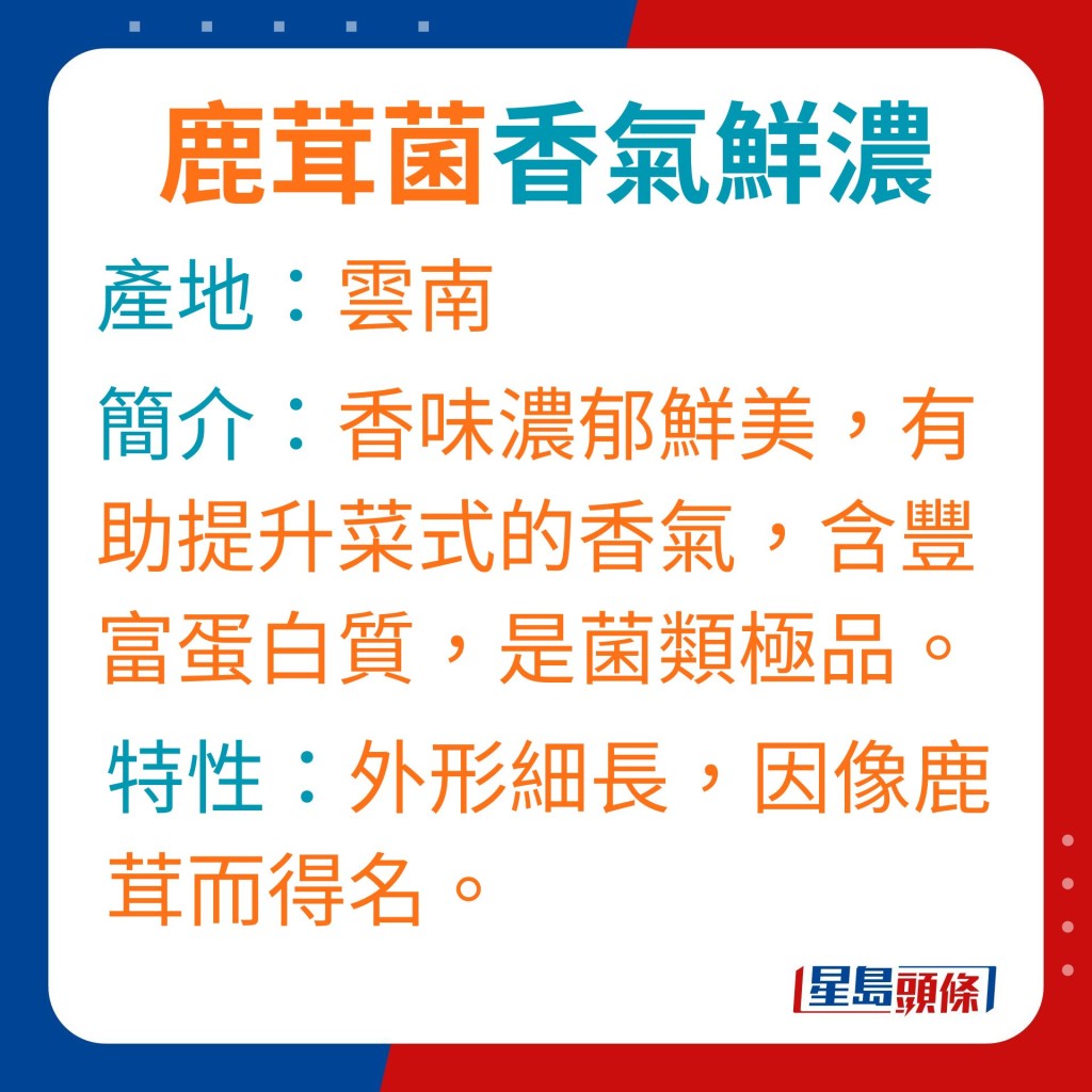 簡介：菌香味濃郁鮮美，有助提升菜式的香氣，含豐富蛋白質，是菇菌類中的極品。