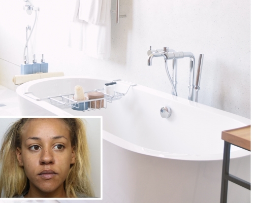 27歲的Simone Perry為剛滿4個月的兒子洗澡時，獨留兒子在浴室，自己卻離開講電話長達17分鐘，最後兒子溺水身亡。網圖