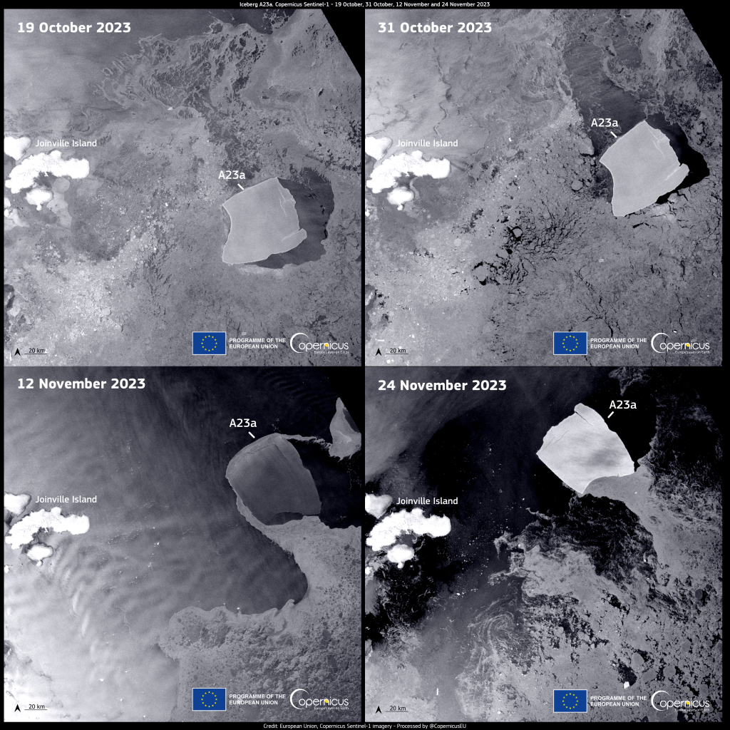 A23a近年緩慢向北漂移。 European Union, Copernicus Sentinel-1A imagery A23a近年緩慢向北漂移。 European Union, Copernicus Sentinel-1A imagery