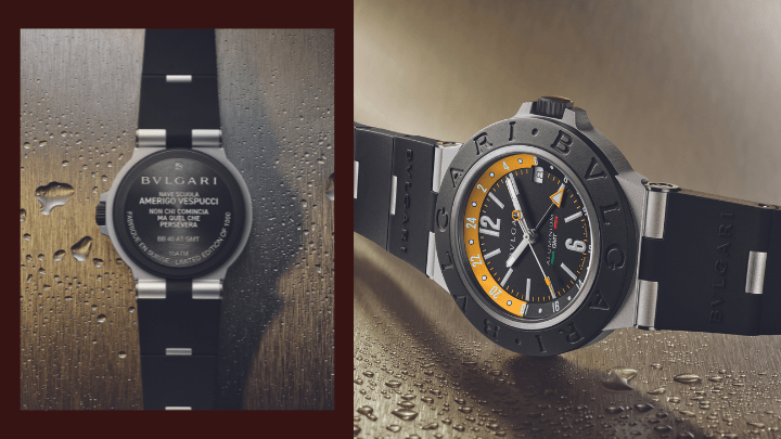 這款直徑40 毫米的鋁製腕表，防水深度達 100 米。鈦金屬表底刻有標誌性的「Nave Scuola Amerigo Vespucci」座右銘。鉸接式橡膠表帶則是BVLGARI Aluminium表款的特色元素。