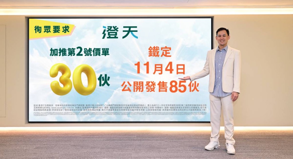 英皇楊政龍指,澄天每呎1.75萬加推30伙,周六推售85伙。