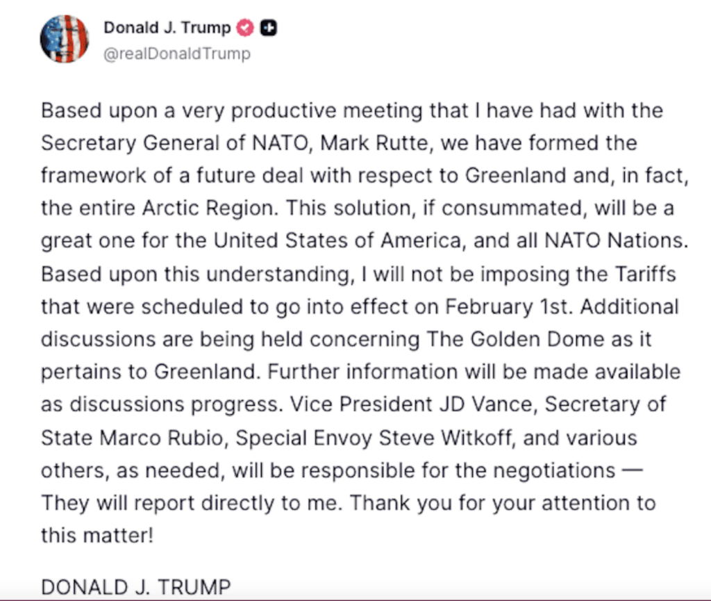 特朗普在社交平台發文表示，已與北約就格陵蘭問題達成「協議框架」。