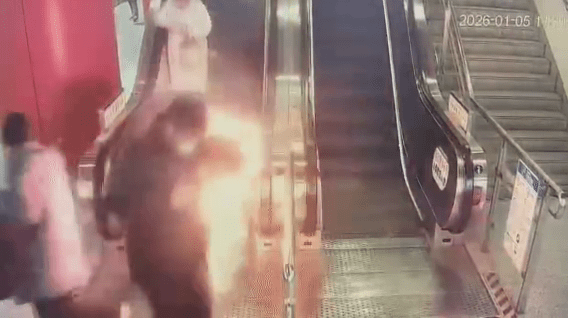 上海地鐵男尿袋自燃焚身衝下電梯,乘客急忙躲避。 上海地鐵男尿袋自燃焚身衝下電梯,乘客急忙躲避。