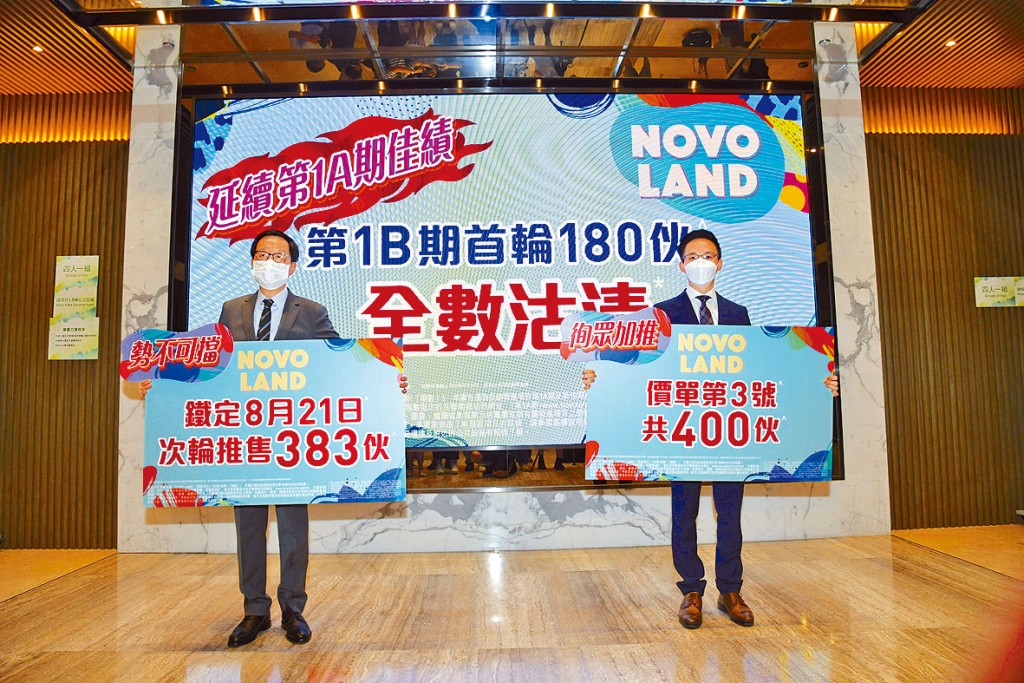 新地雷霆（左）表示，NOVO LAND 1B期加推400伙，折實平均呎價約14429元。旁為陳漢麟。