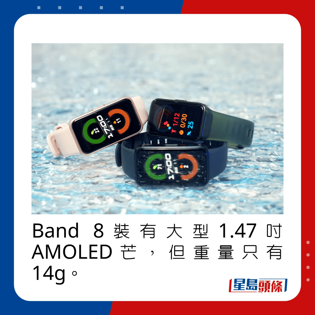 Band 8裝有大型1.47吋AMOLED芒，但重量只有14g。