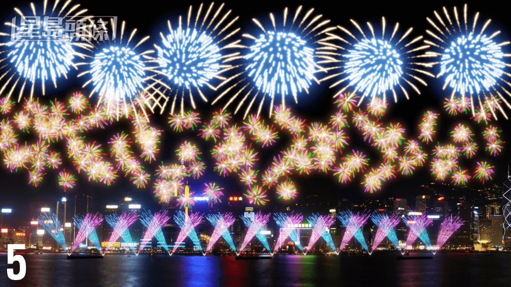 第五幕出現的彩色繡球煙花是首次在港展示，單一煙花爆發後，會呈現出環形、螺旋及冠環等多個造型。大會提供圖片