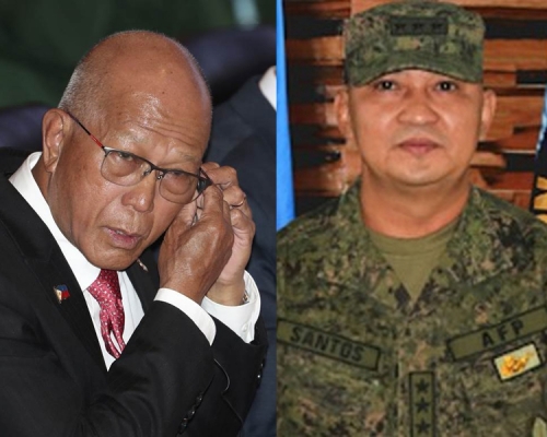 菲律賓武裝部隊總參謀長桑托斯(右)確診,國防部長洛倫扎納(左)和桑托斯有密切接觸,需自我隔離。(AP/網圖)