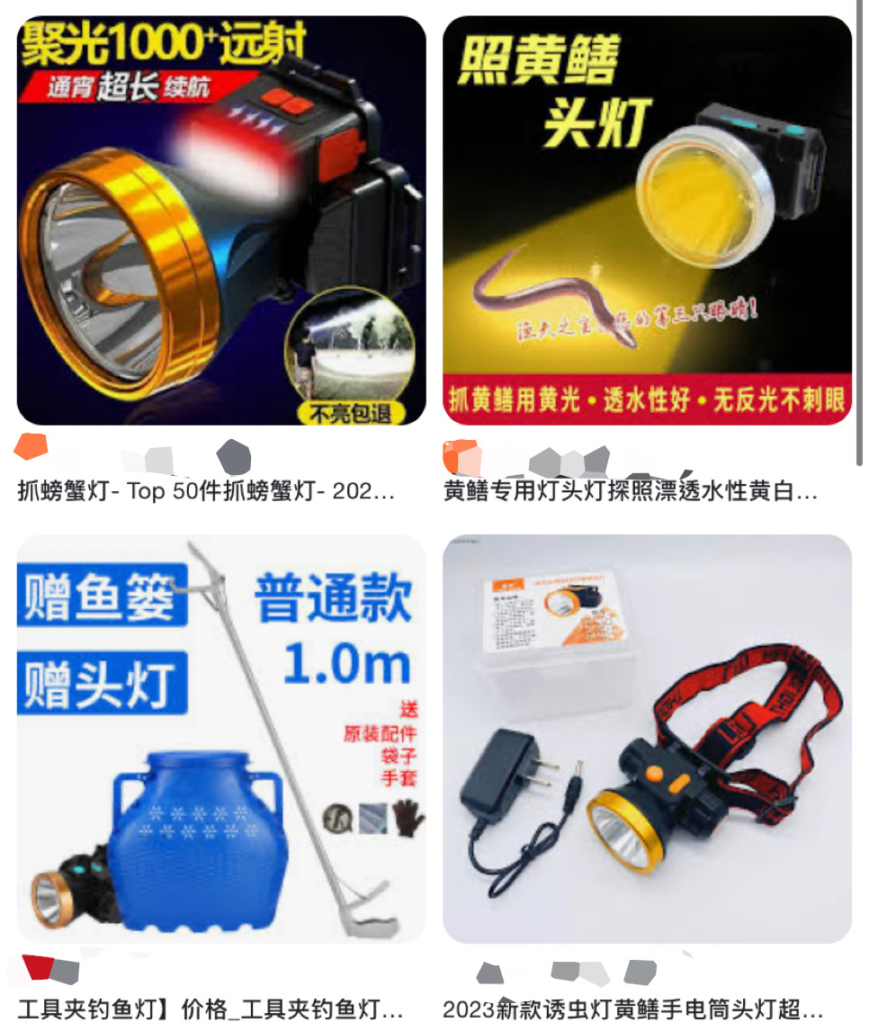 記者根據村民所述搜尋「抓泥鰍黃鱔」用的燈，找到幾款帶有蓄電池的頭燈。