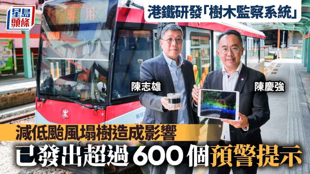 港鐵研發「樹木監察系統」,以減低颱風塌樹造成影響。右起:港鐵公司車務工程服務及創科總管陳慶強、港鐵公司營運主管(屯馬綫,輕鐵及巴士)陳志雄。 吳艷玲攝