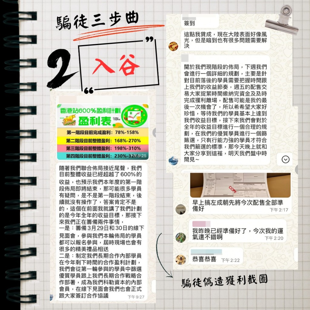 警方呼籲市民慎防騙徒的詐騙三步曲:第二步「入谷」。FB:守網者 警方呼籲市民慎防騙徒的詐騙三步曲:第二步「入谷」。FB:守網者