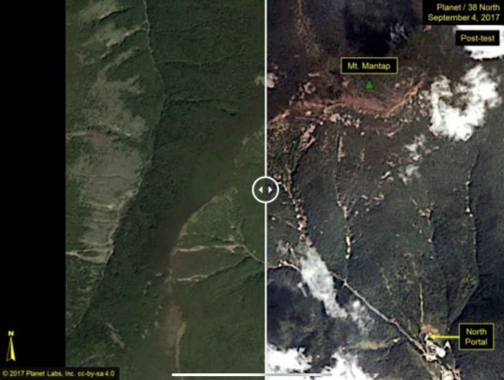 衛星圖像顯示北韓氫彈試爆導致豐溪里地貌改變，多處被炸出土石流。 資料圖片