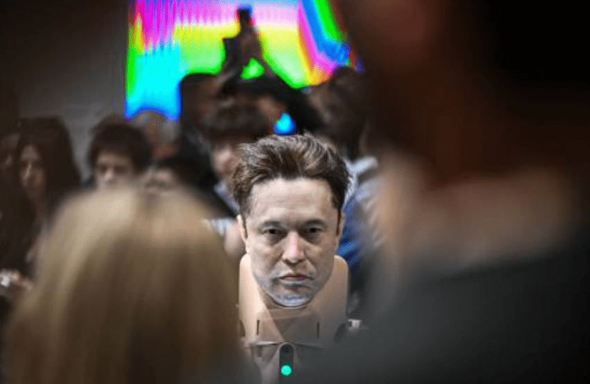 在一個藝術展上，有展商將機械狗的頭造成馬斯克的樣子，引來大批參觀者圍觀。法新社