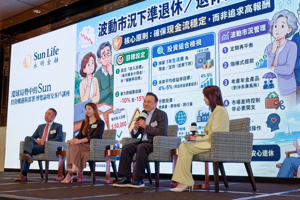第一场「轻松退休资产配置攻略」投资论坛，参与嘉宾包括（右二起）家庭理财教育学会会长林昶恒、施罗德投资管理（香港）有限公司香港基金业务拓展副总裁张佩莹及景顺投资管理有限公司分销业务联席总监袁家昌，为大家拆解动荡市况下的退休规划防线。