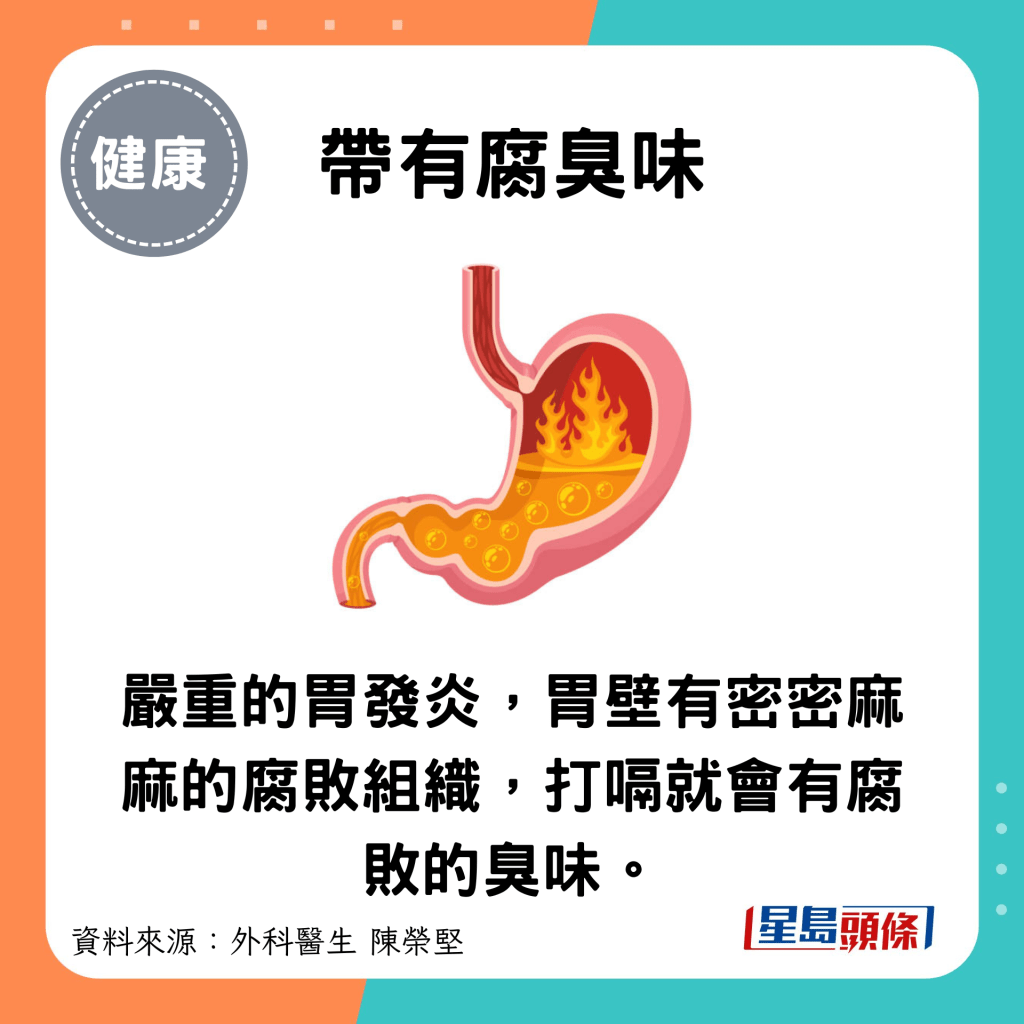 帶有腐臭味：嚴重的胃發炎，胃壁有密密麻麻的腐敗組織，打嗝就會有腐敗的臭味。