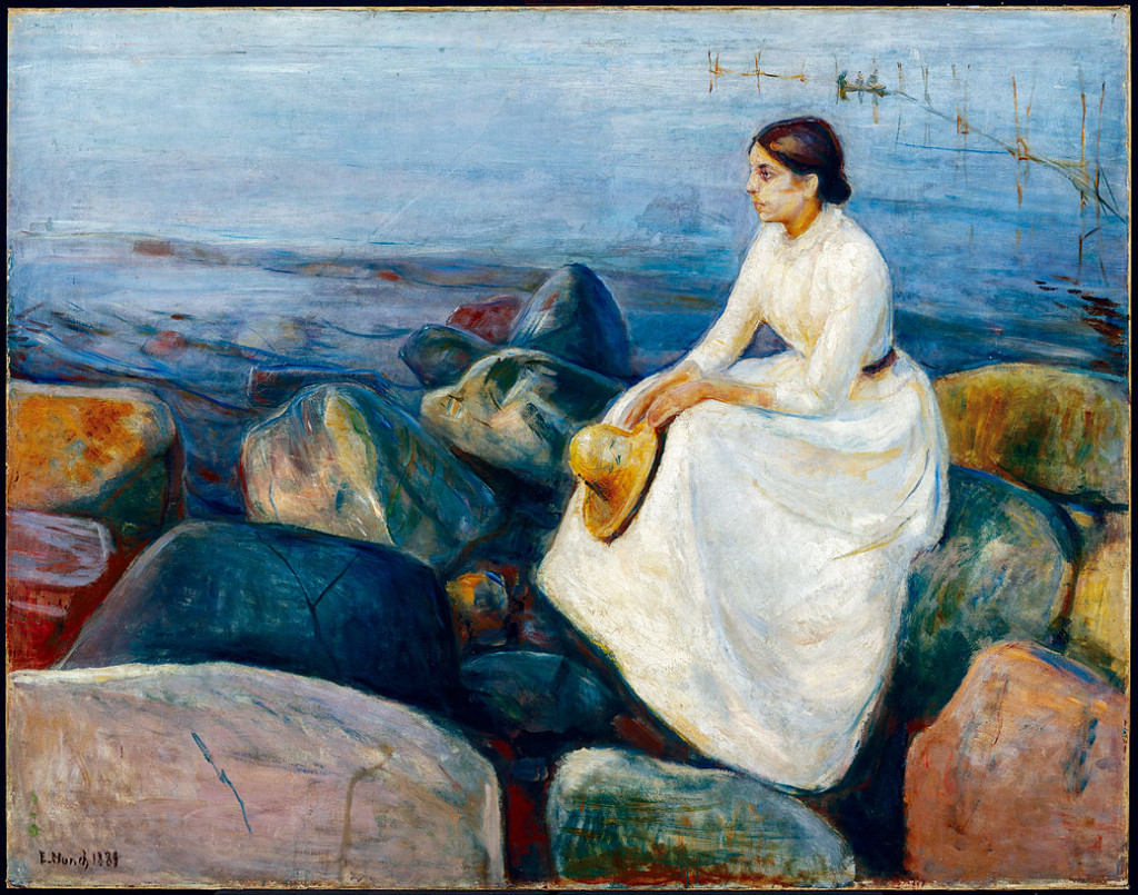 蒙克畫作《夏夜》，藍色湖水與女子寥落的心境互相映照。