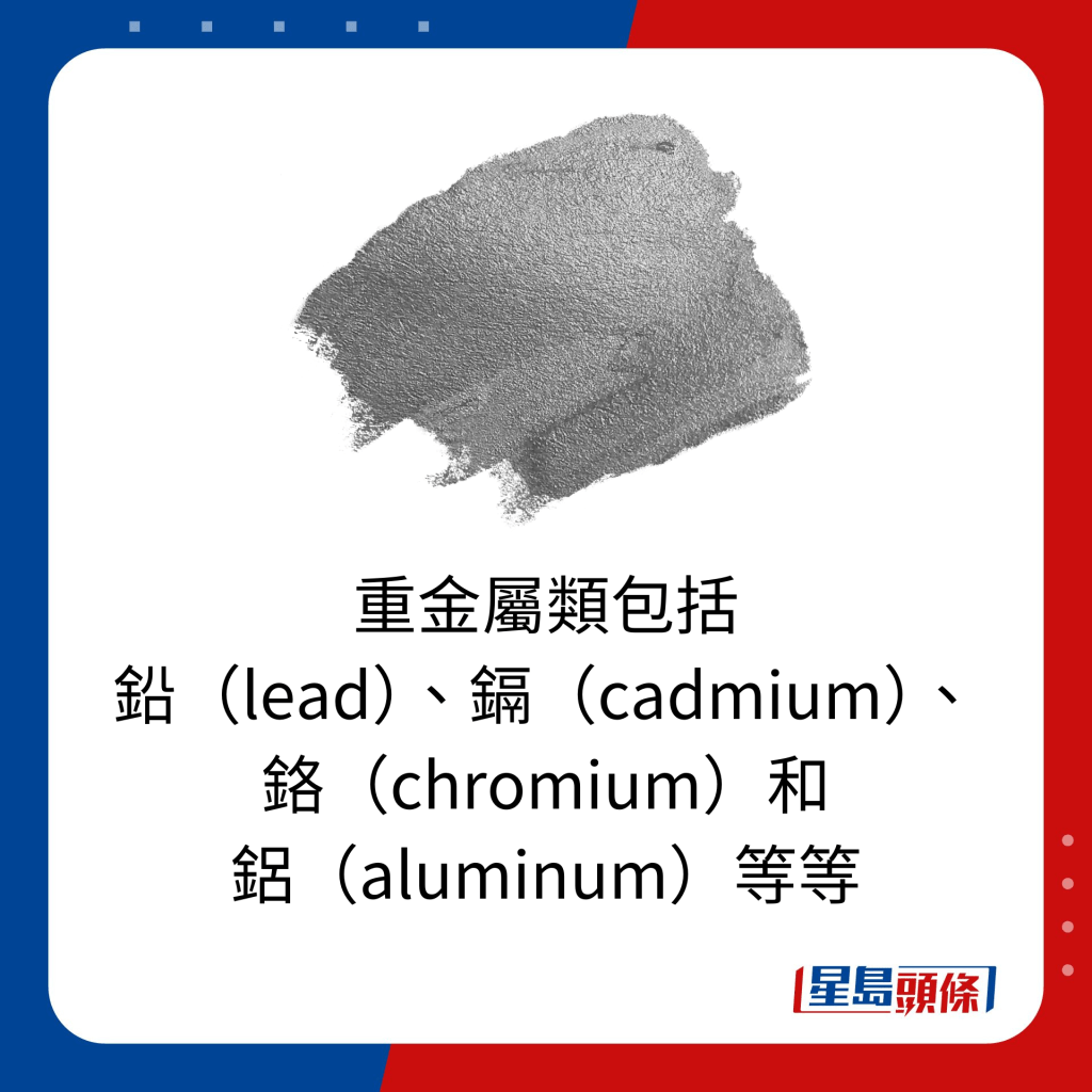 重金屬類包括 鉛（lead）、鎘（cadmium）、鉻（chromium）和 鋁（aluminum）等等