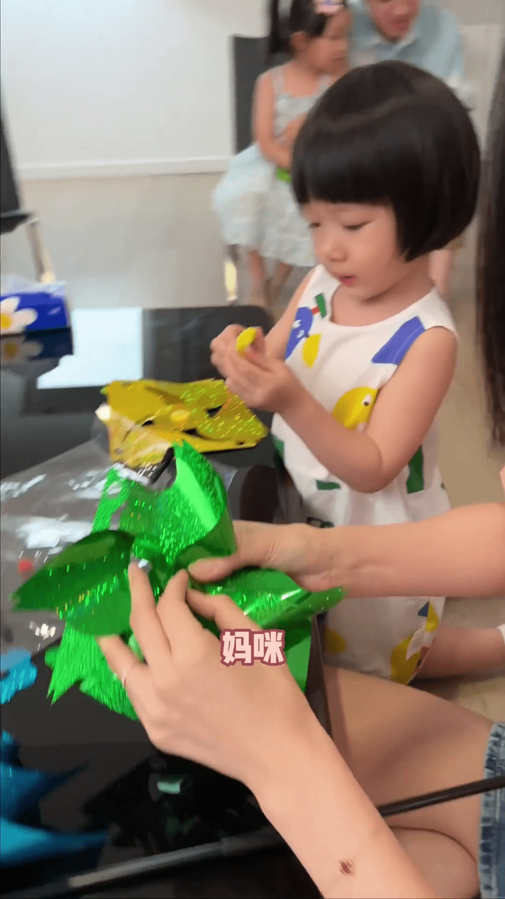 李亞男與兩歲細女Hayley在客廳中製作手工風車驅鳥。